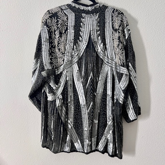 Vintage handmade Silver Beaded Sequined Duster Coat Long Jacket - Picture 3 of 16